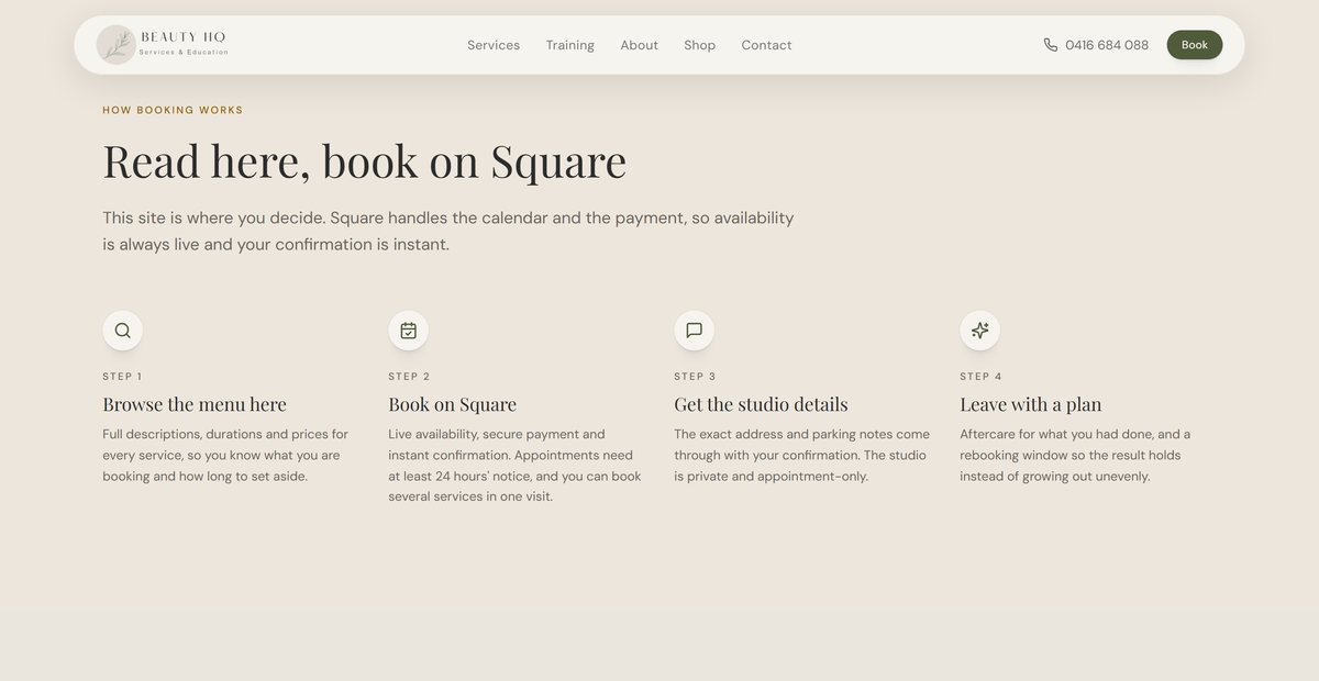 Beauty HQ website section headed “Read here, book on Square” explaining the four steps of booking