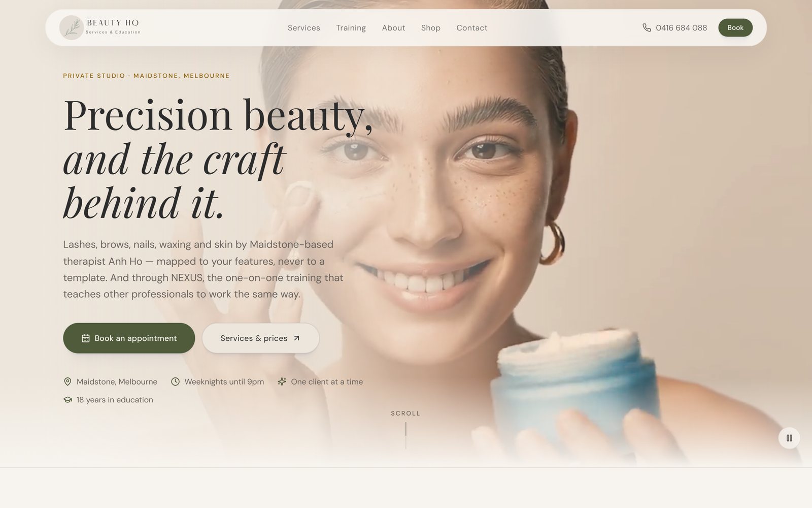 Beauty HQ homepage: cream background with the headline “Precision beauty, and the craft behind it.” beside a portrait of a client applying skincare