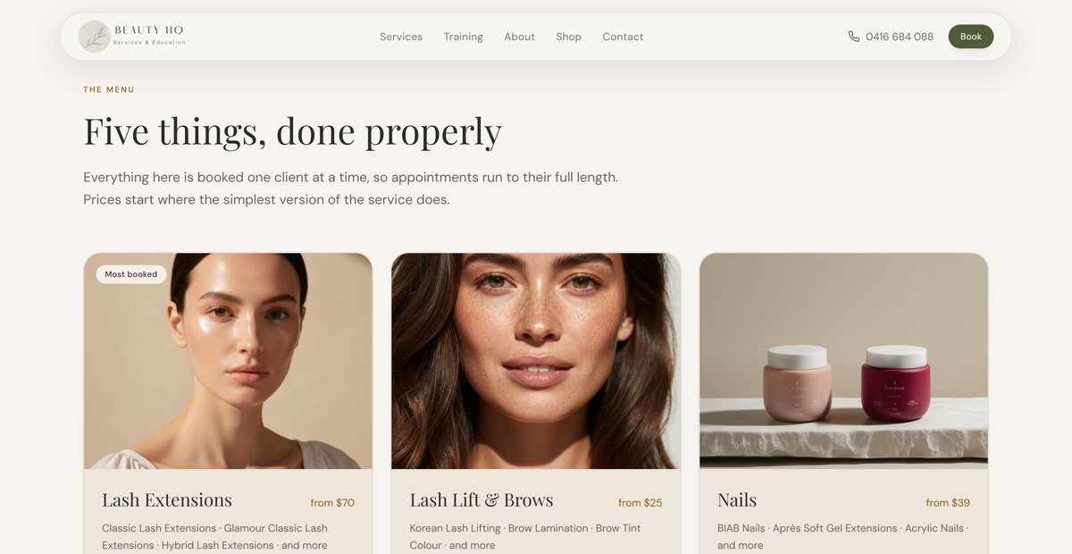 Beauty HQ website service menu headed “Five things, done properly”, with cards for lash extensions, lash lift and brows, and nails, each showing a starting price