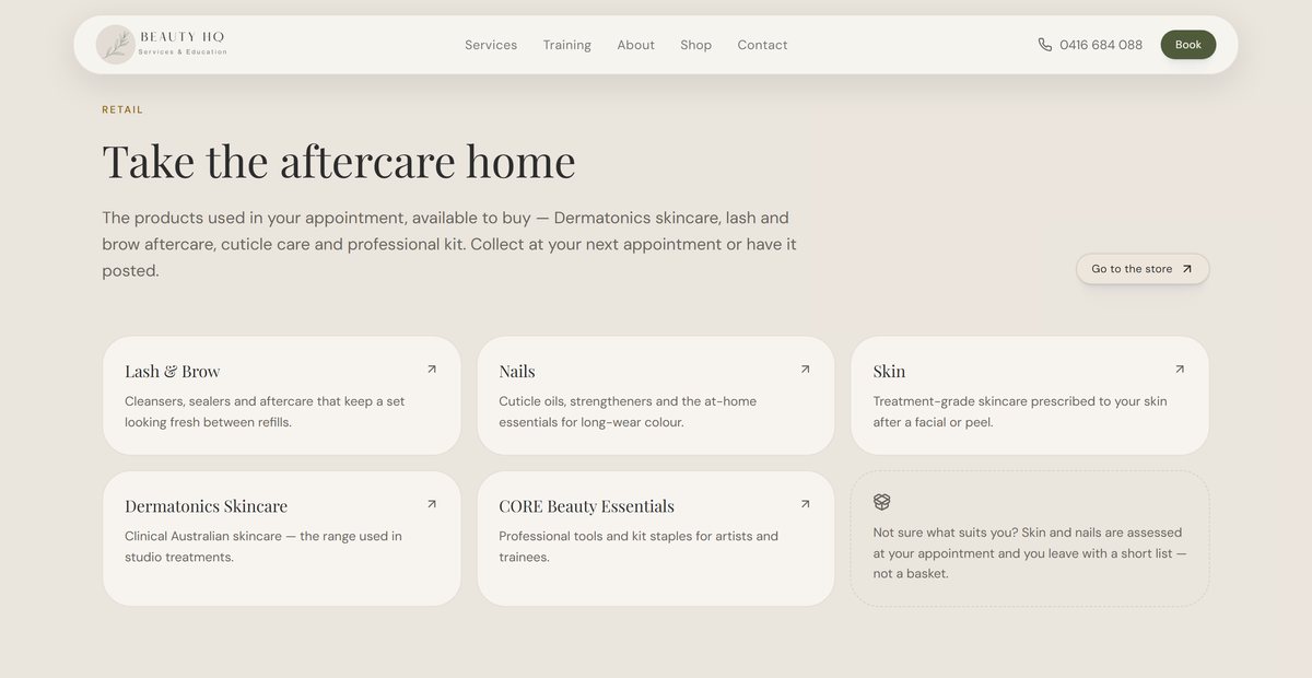 Beauty HQ website retail section headed “Take the aftercare home” with product categories linking to the Square store