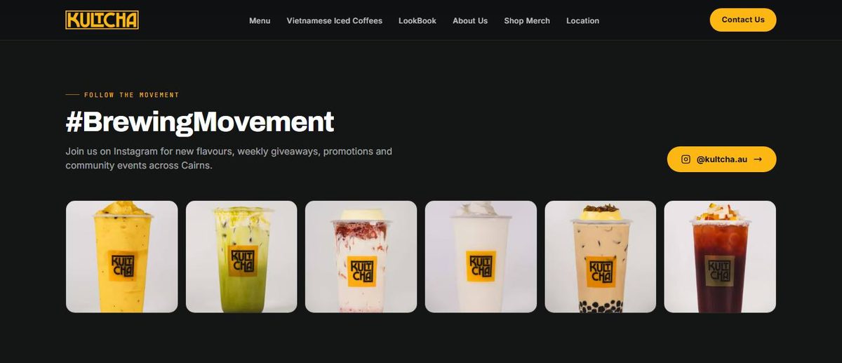 Kultcha website #BrewingMovement section with an embedded Instagram grid of drinks